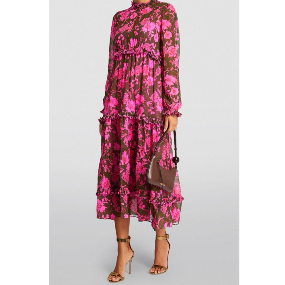 ME+EM Floral Ruffle Maxi Dress + Slip | Fuchsia & Brown